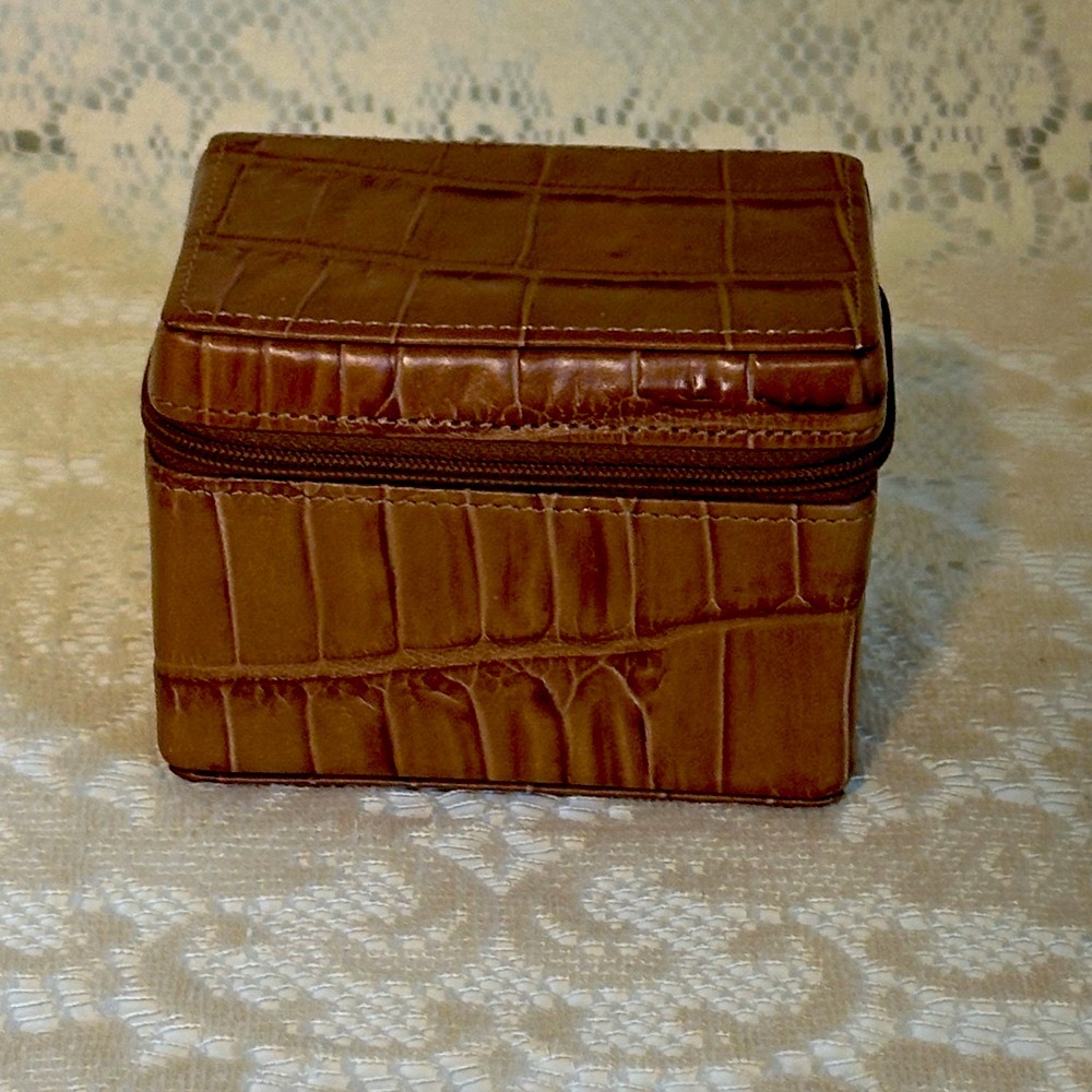Small Brown Faux Crocodile Leather Jewelry Box or Cosmetic Case